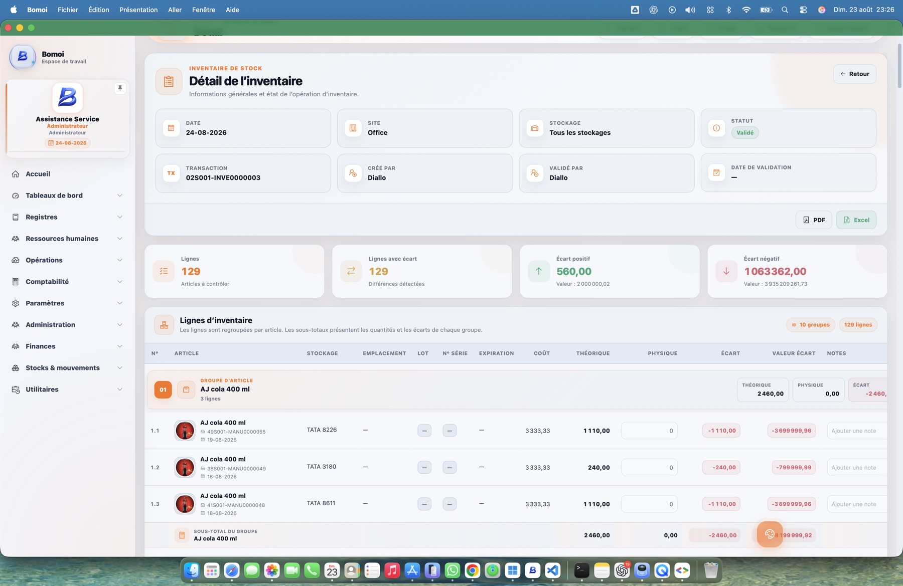 Interface Bomoi — Inventaire détaillé