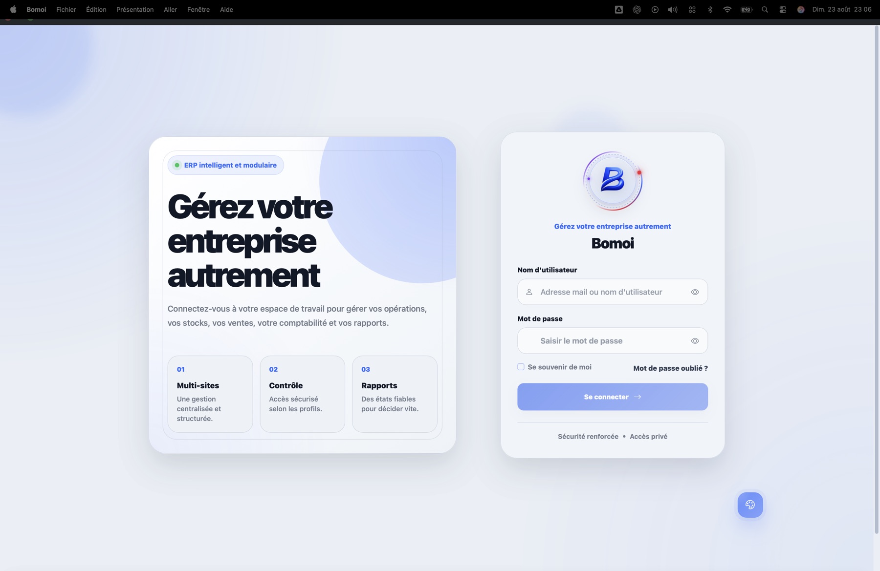 Interface Bomoi — Connexion sécurisée